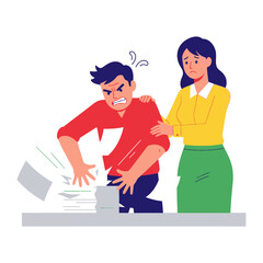Angry Employee: An agitated employee, amidst scattered papers, experiences workplace stress.
