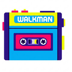 Retro walkman playing cassette tape in vibrant colors showcasing 80s nostalgia and vintage audio technology.