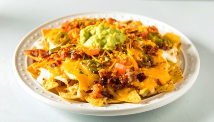 Close-up of Cheesy, Loaded Nachos with Guacamole and Bacon