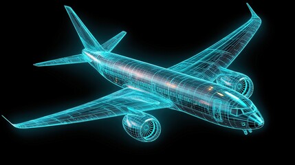 Futuristic wireframe airplane glowing in digital space