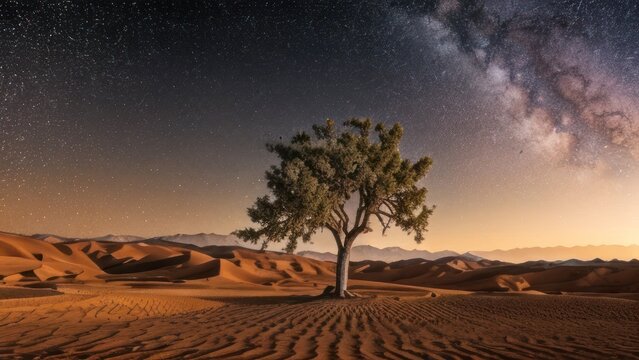Lone tree in a desert landscape under a starry night sky.