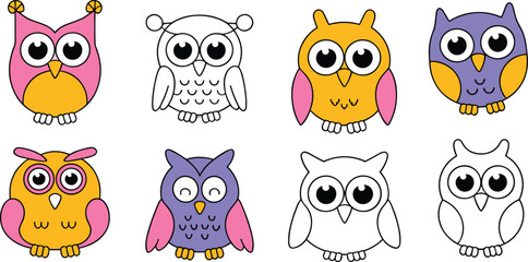 Cute cartoon owl set, colorful and black and white vector illustration for kids, stickers, coloring pages, nursery, education, clipart, animal character design