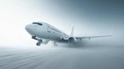 Obraz premium Commercial jet airplane taking off from airport runway in foggy weather