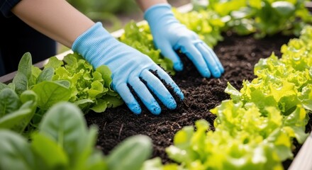 Hands in blue gloves planting seedlings in rich soil amongst lush lettuce in a raised garden bed on a sunny day