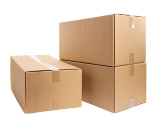 Brown shipping boxes with tape, packaging containers on transparent background