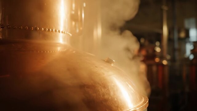 Golden Hour Steam from Modern Whisky Stills - A close-up view of steam rising from modern whisky stills, illuminated by the warm glow of golden hour.