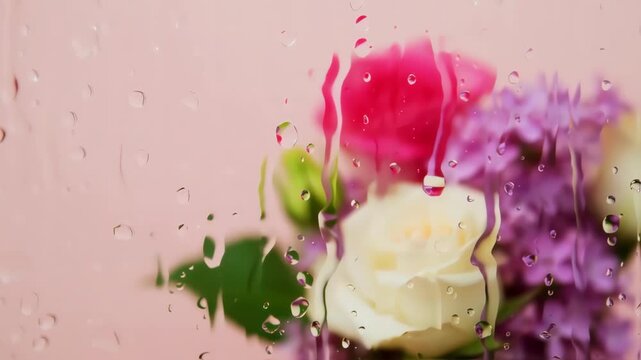 Colorful flowers viewed through a window with water droplets