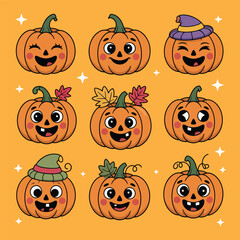 Cute Halloween Pumpkins Cartoon Faces Set