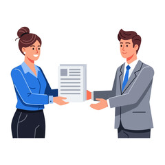 Business Deal: A formal exchange of documents takes place in a clean, illustration-style image that reflects professionalism.