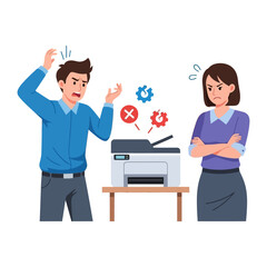Obraz premium Frustration Over a Broken Printer: Colleagues express their dismay and anger as they encounter a malfunctioning printer, symbolising a breakdown in the workplace. 