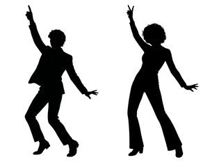 Silhouettes of people dancing A man and a woman in dynamic poses. They have raised their hands and look as if they are dancing. Black silhouettes on a white background. 90s disco