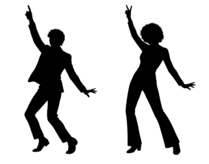 Silhouettes of people dancing
A man and a woman in dynamic poses. They have raised their hands and look as if they are dancing. Black silhouettes on a white background. 90s disco
