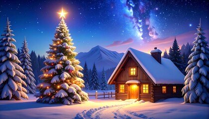 Fototapeta premium Cozy Log Cabin with Illuminated Christmas Tree in Snowy Mountain Landscape at Twilight
