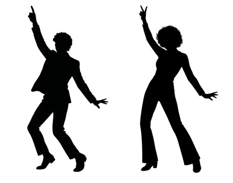 Silhouettes of people dancing
A man and a woman in dynamic poses. They have raised their hands and look as if they are dancing. Black silhouettes on a white background. 90s disco