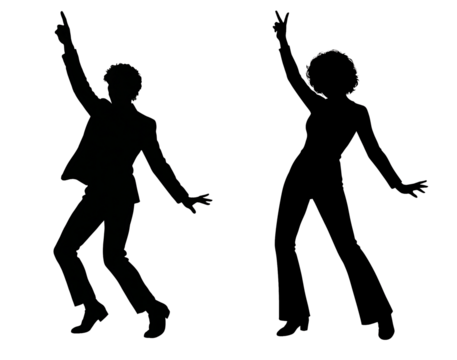 Silhouettes of people dancing
A man and a woman in dynamic poses. They have raised their hands and look as if they are dancing. Black silhouettes on a white background. 90s disco