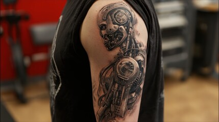 A person's upper arm with a detailed black and grey biomechanical tattoo featuring a robotic skull and intricate machinery.