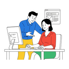 Teamwork in Progress: A modern illustration captures a dynamic office scene, with two coworkers collaborating on a digital project, their focus and cooperation creating a sense of productive teamwork.