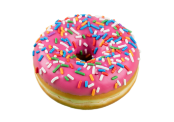 Delicious pink frosted donut adorned with vibrant sprinkles, a sweet and colorful treat for any occasion, isolated on white