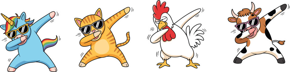Funny cartoon unicorn, cat, rooster, and cow wearing sunglasses and dancing dab pose illustration for kids, humor, and trendy pop cultureFunny cartoon unicorn, cat, rooster