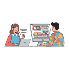 Virtual Learning Landscape: An illustrative scene capturing the essence of online training, depicting two individuals engrossed in a collaborative, technology-driven educational experience.