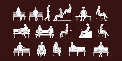 People sitting on benches, chairs, stairs illustration, vector outline characters, casual lifestyle design, relaxing poses, modern flat drawing