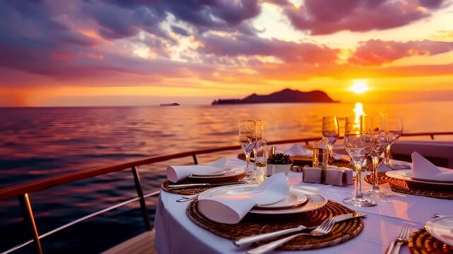Aerial view of a dining table set on a boat during sunset, with a serene ocean backdrop. The sky is painted in hues of orange and purple.
