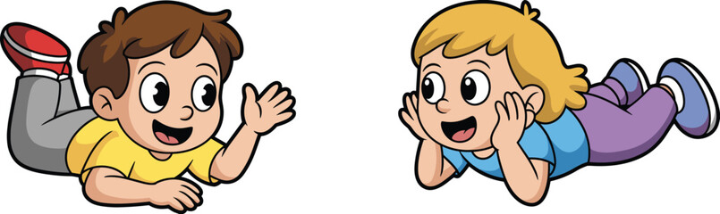 Happy cartoon boy and girl lying on the floor talking and smiling, cute children illustration for education, family, friendship, and storytelling design