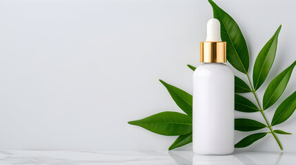 Elegant white serum bottle with lush green leaves for skin care product promotions and beauty brand marketing
