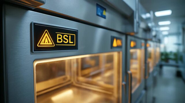 A sign on a refrigerator that says BSL. The sign is lit up. Closeup biosecurity cabinet with BSL warning signs, sterile laboratory environment