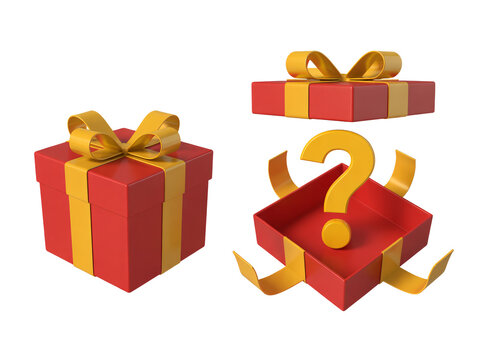 Red gift boxes with golden ribbons and a question mark, perfect for adding mystery and excitement to promotions, sales, and events transparent background