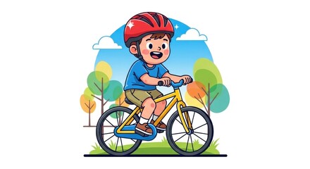 Fototapeta premium A cartoon child with a red helmet joyfully rides a yellow bicycle outdoors, surrounded by trees and a blue sky with clouds