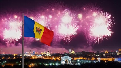 Moldovan national flag waving with fireworks in the night sky