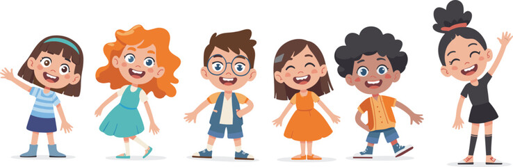 Group of happy cartoon kids standing together, cheerful children characters with smiling faces in casual clothes for education, childhood, and playful design illustrations