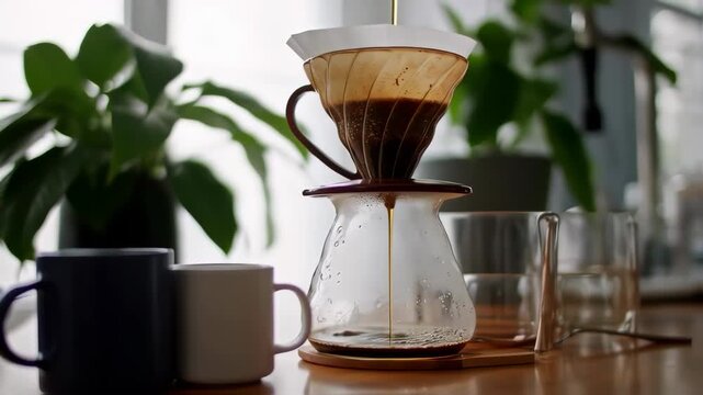 Pouring coffee through a dripper into a glass carafe