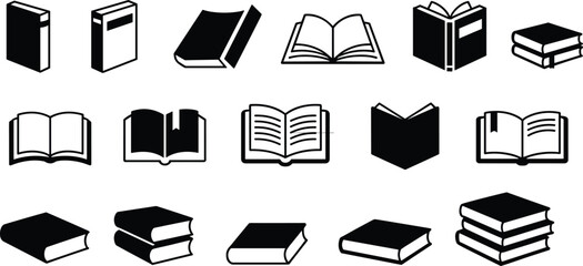 Book icons set, open and closed book illustrations, library reading materials, education and literature symbols for publishing and learning