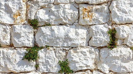 Fototapeta premium Weathered Limestone Brick Wall Texture with Growing Green Vegetation Details