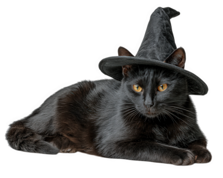 Black cat wear witch hat side view isolated on transparency background Halloween theme magical mysterious animal pet enchanting fantasy playful mood