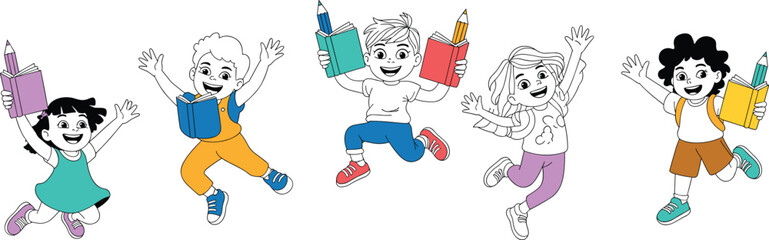 Happy kids jumping with books and pencils, back to school banner vector, cartoon children education illustration, student learning poster, kids outline coloring pages