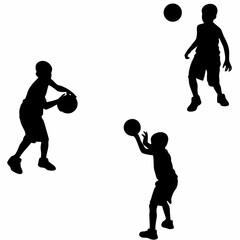 Silhouette of boys playing basketball together in different poses on white background