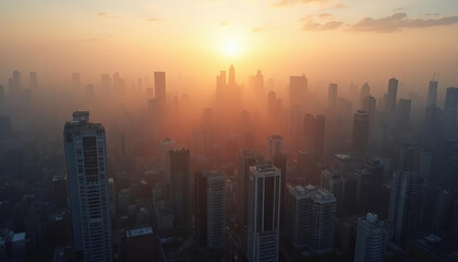 Fototapeta premium Aerial view of modern city skyline at sunrise with mist and skyscrapers 