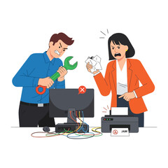 Tech Troubles: A frustrated man and woman grapple with computer and printer issues, with tangled wires and jammed paper, showcasing modern-day tech frustrations.