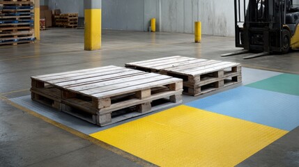 Wooden pallets on staging mats in warehouse, showcasing color block design with forklift in background, creating functional and organized space