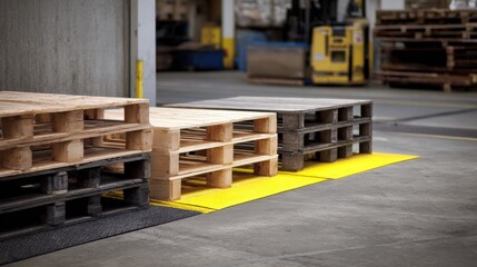Wooden pallets arranged on staging mats in warehouse setting, showcasing variety of colors and textures. scene conveys organized and efficient storage environment