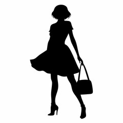 Silhouette of a woman in a dress walking with a handbag in hand