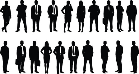 Silhouette group of business people standing together, office teamwork, professionals in suits, men and women, leadership concept, corporate success, collaboration unity