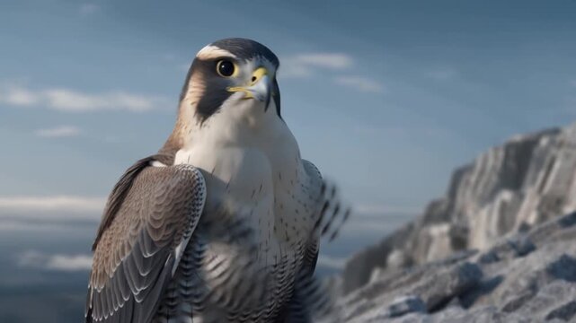 Majestic peregrine falcon perched on a rocky mountain peak, observing surroundings with sharp eyes, its feathers ruffled slightly by a gentle breeze