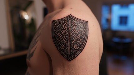 Shoulder tattoo of an ornate shield design on a man's upper arm.