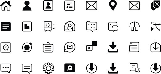 Essential UI icon set, user interface symbols collection, web and mobile app design elements, minimal communication, download, chat, location icons
