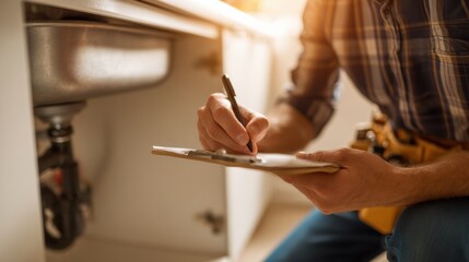 Home service technician inspecting under sink area taking notes on clipboard wearing plaid shirt focused on work bright lighting professional setting plumbing maintenance attention to detail
