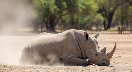 A white rhinoceros lying down in the sand, resting in its natural habitat.